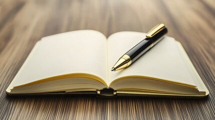Elegant Notebook and Pen on Wooden Desk Background