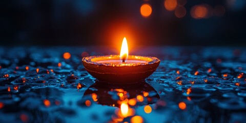 Earthen Oil Lamp with Flame Lit on Water Surface for Celebration