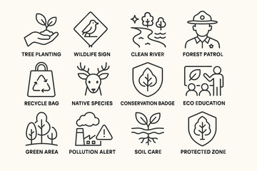 Environmental icons illustrating conservation and sustainability concepts
