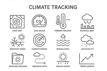 Climate tracking icons: heat map, co2 gauge, temperature, rainfall, drought, ocean level