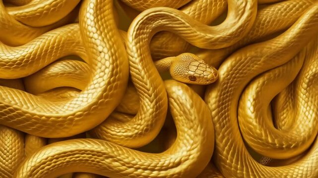 Group of shiny golden snakes tangled together. Reptile pattern concept.  
