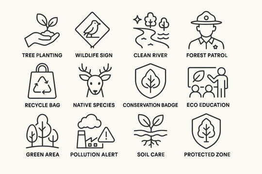 Environmental icons illustrating conservation and sustainability concepts