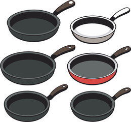 A collection of stylized illustrations featuring various cooking pans and pots, depicted from different angles and with a clean, minimalist aesthetic