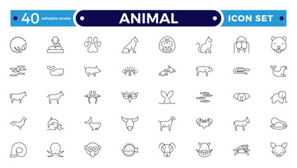 Animal Outline icon collection. Set of black animal Icon. Animal icons. Mammal, fish, insects, birds, reptiles silhouette collection. Wild, domestic animals. Editable stroke outline icon.
