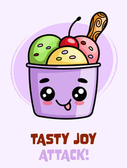 Ice cream cute kawaii character poster. Smiling dessert with big eyes and sweet expression. Greeting card template.