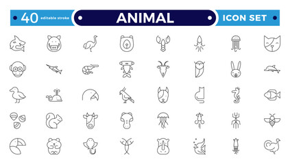 Animal Outline icon collection. Set of black animal Icon. Animal icons. Mammal, fish, insects, birds, reptiles silhouette collection. Wild, domestic animals. Editable stroke outline icon.
