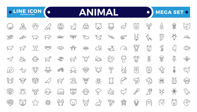 Animal Outline icon collection. Set of black animal Icon. Animal icons. Mammal, fish, insects, birds, reptiles silhouette collection. Wild, domestic animals. Editable stroke outline icon.
