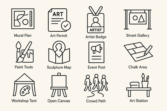 Urban art workshop icons including mural plan, art permit, and artist badge in line style