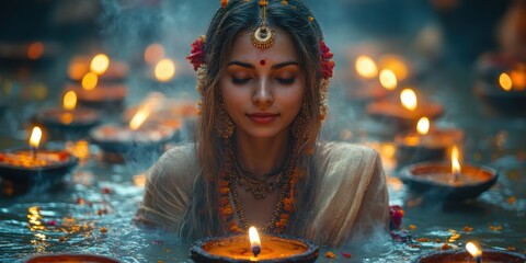 Indian Woman in Water Amidst Floating Candles for Festive or Spiritual Occasion