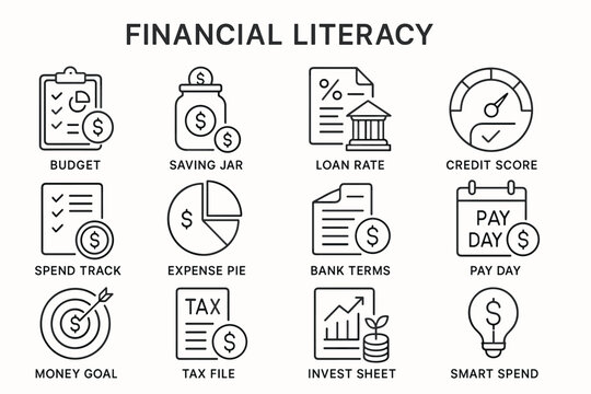 Financial literacy icons: budget, savings, loans, and smart spending