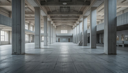 Abandoned Industrial Warehouse Interior with Concrete Pillars and Daylight