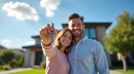 Naklejka premium Happy couple of mixed ethnicity celebrating new home ownership, holding keys outdoors with a sunny backdrop.