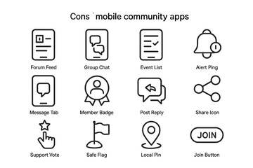 Icons for community apps: forum, chat, events, alerts, and more