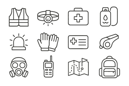 Emergency preparedness icons: map, first aid kit, headlamp, whistle, gas mask, backpack