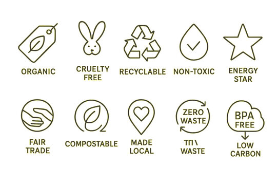 Sustainability icons: organic, cruelty-free, recyclable, non-toxic, energy star