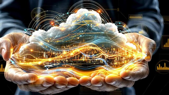 Dynamic visualization of data innovation and technology in hands with futuristic interface
