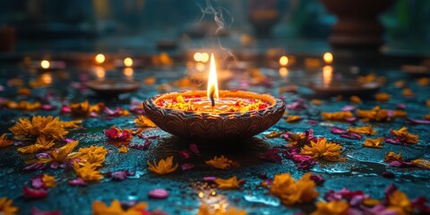 Illuminated Festive Diya with Flower Petals on a Wet Surface for Diwali Celebration