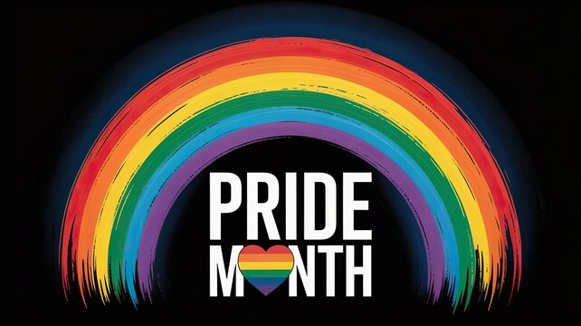 Pride Month 2025 poster – vibrant digital illustration of the LGBT community flag in the form of a rainbow and a heart on an elegant black background - Powered by Adobe