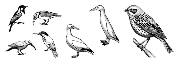 Naklejka premium Vector Variety of detailed avian illustrations depict diverse bird species.