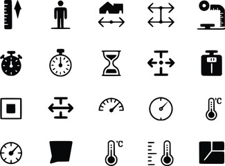 Fototapeta premium Measuring Tool Icons Weight Scale Symbols Instruments Ruler Thermometer Stopwatch Vectors