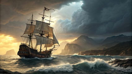 Fototapeta premium Sailing Ship in Stormy Sea with Crashing Waves and Golden Sunlight