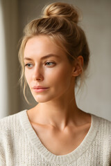 Fototapeta premium A young adult woman with blonde hair in a messy bun gazes thoughtfully to the side, wearing a cozy, light-colored knitted sweater in soft light