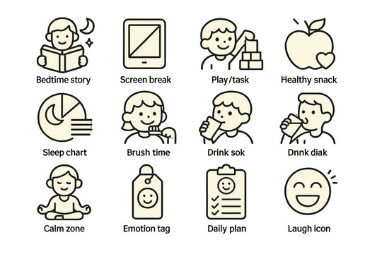 Child daily routine icons: activities, wellness, education, meditation, emotions, and hygiene