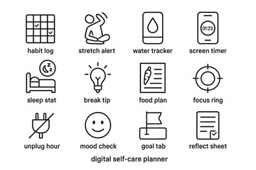Digital self-care planner icons: habit, stretch, water, screen, sleep, break, food, focus, unplug, mood, goal, reflect