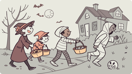 Fototapeta premium Kids in halloween costumes trick or treating at night