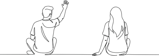 Couple sitting on ground, waving hand, rear view, minimalist line drawing, man and woman illustration, simple sketch design, casual pose, artistic style, modern concept, outline art