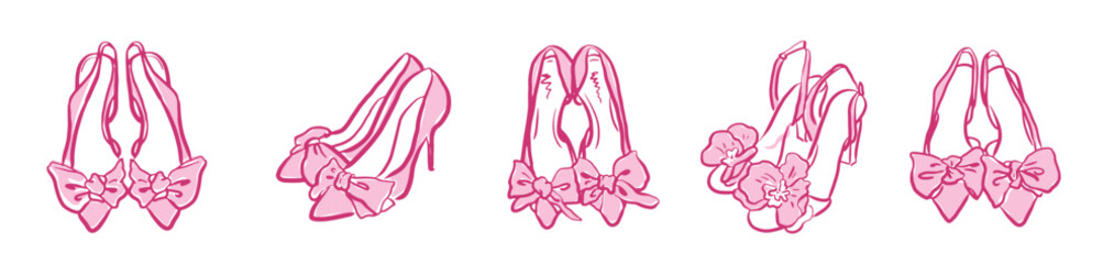 Hand drawn pink ribbon wedding shoes, bride heels with bow clip art. Coquette wedding shoes style