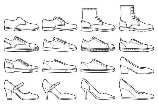 A Black and White Line Art Illustration of Various Shoe Styles A Comprehensive Guide to Footwear Design