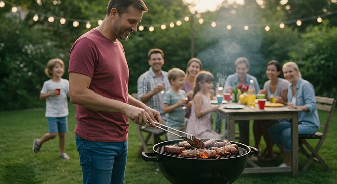 Outdoor gathering: Man grilling for friends and family enjoying a summer barbecue in a backyard setting.