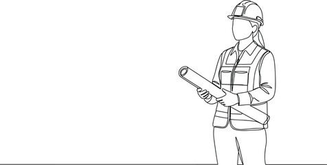 Female construction worker line art, blueprint architect outline, engineer in helmet, safety vest illustration, minimal drawing, architectural planning figure, professional building site sketch