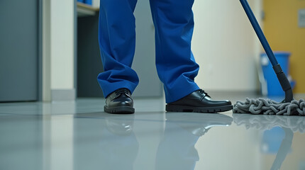 A person in blue work attire mops a shiny floor, showcasing attention to cleanliness and hygiene.