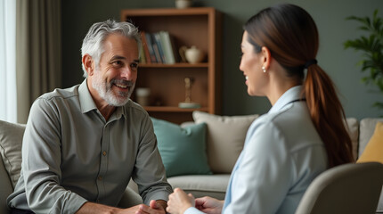 Fototapeta premium A cheerful senior man engages in a warm conversation with a professional woman in a cozy living room setting.