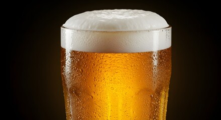 Refreshing light colored drink with a thick white frothy head in a clear glass against a dark background.