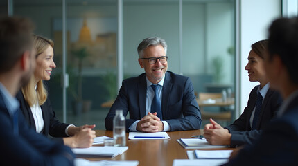 Fototapeta premium A diverse group of professionals engaged in a meeting with a confident older man leading the discussion.