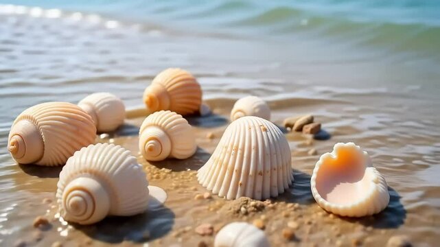 Tropical seashells on sandy beach, collection of sea shells by the ocean shore, summer vacation background with marine life and soft waves