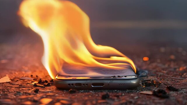 Smartphone ignites and burns intensely on an asphalt surface, emitting thick smoke. Device surfaces are visibly charred, highlighting concerns over battery safety and fire hazards.