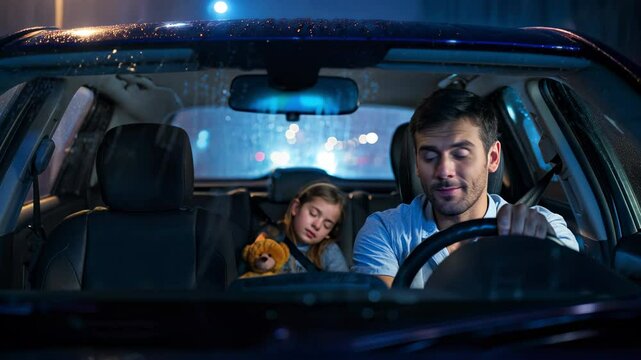 Father driving through a rainy night while his young daughter sleeps peacefully in the backseat holding a teddy bear. Generative AI