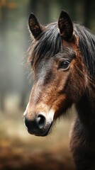 Fototapeta premium Beautiful brown horse with a flowing mane in a serene forest setting during golden hour