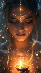 Woman with Freckles Holding a Burning Candle in Hands