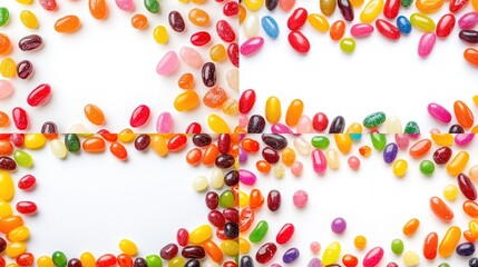 Four frames of colorful jelly beans arranged in a circular pattern on a white background