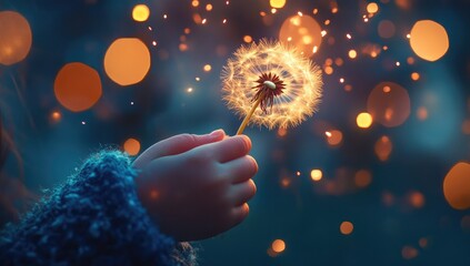 Child's hand holding dandelion with sparkling lights