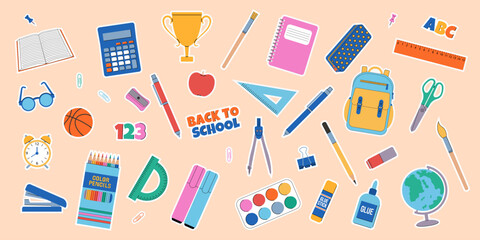 Back to school. School supplies sticker set. Vector illustration.