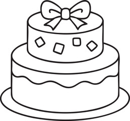 Two Tier Cake Outline with Bow and Square Decorations for Coloring or Design Projects simple black