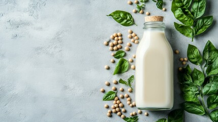 Glass bottle of fresh soy milk surrounded by green leaves and raw soybeans, showcasing natural and wholesome plant-based ingredients.