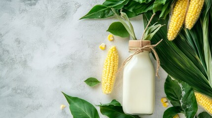 Glass bottle of corn milk with raw corn kernels and fresh green leaves on a light background. Natural, dairy-free, and vegan plant-based drink concept.
