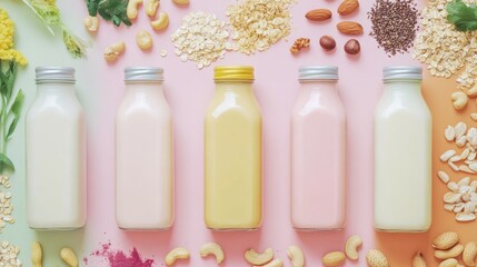 Flat lay of glass bottles filled with almond, cashew, pistachio, and other plant milks, surrounded by ingredients like oats, soy, rice, coconut, and buckwheat.